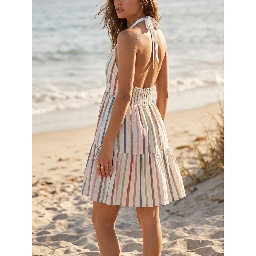 American Eagle Striped Halter Mini Dress Multi Color Tiered Smocked Back Small